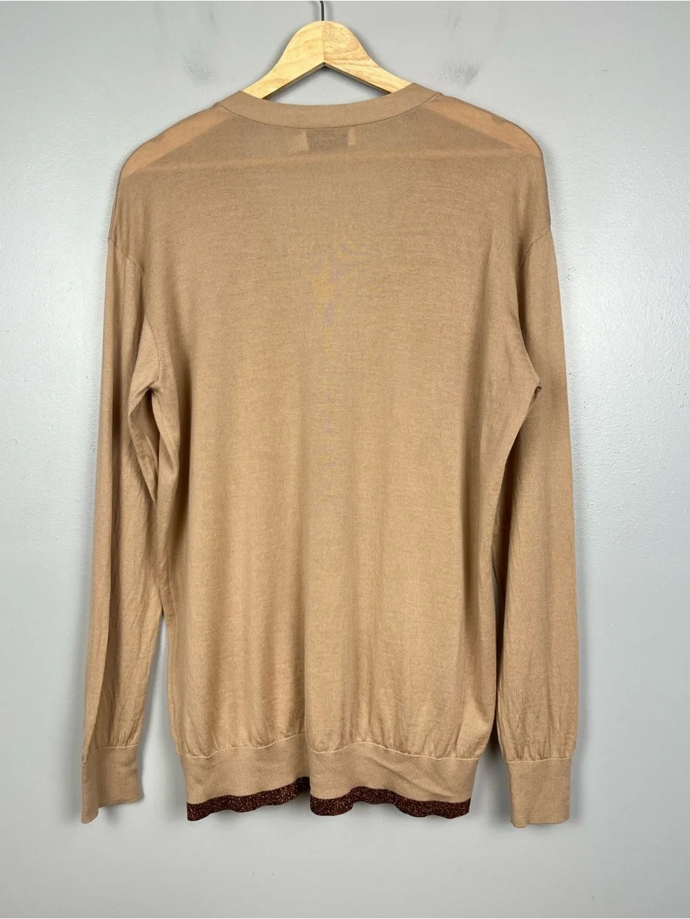 Coach 1941 women’s tan merino Rexy Patch Cardigan, medium.